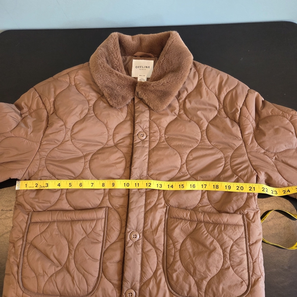 OFFLINE by Aerie Real Luxe Quilted Puffer Jacket Faux Fur Collar Brown Small - Picture 6 of 12